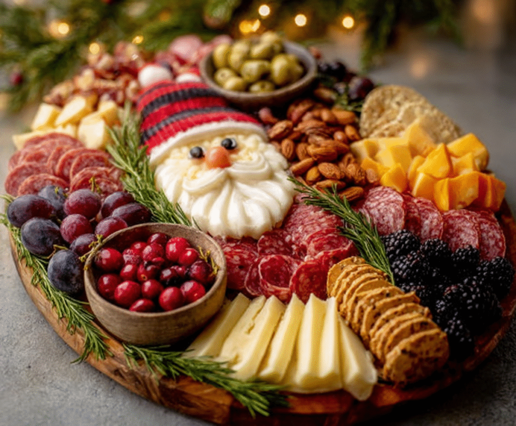Festive Christmas charcuterie board with cheese, meats, fruits, and holiday decorations.