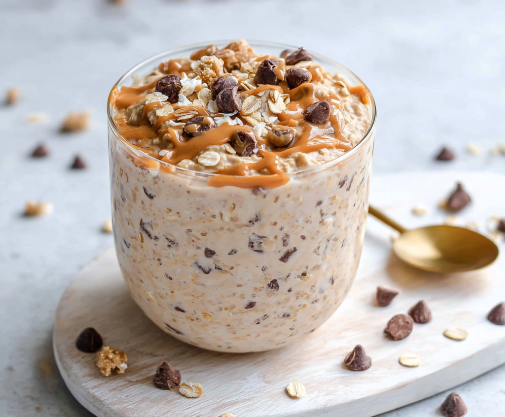 Creamy Cookie Dough Overnight Oats topped with chocolate chips and cookie crumbles for a delicious breakfast.