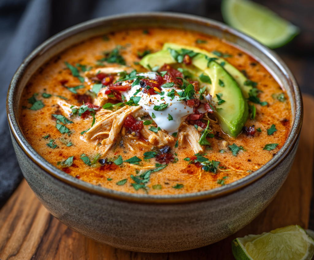 Creamy Chicken Enchilada Soup in a bowl with shredded chicken, cheese, and fresh cilantro