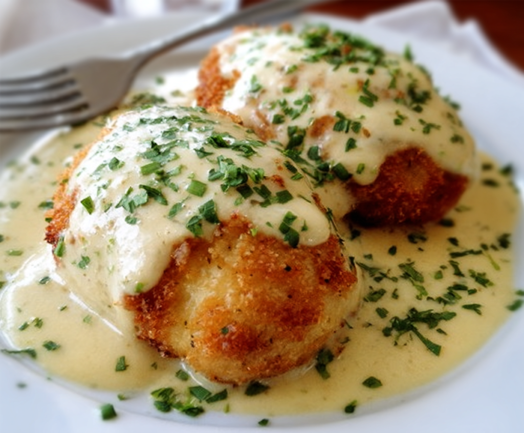 Delicious creamy chicken pillows topped with rich Parmesan sauce served on a white plate.