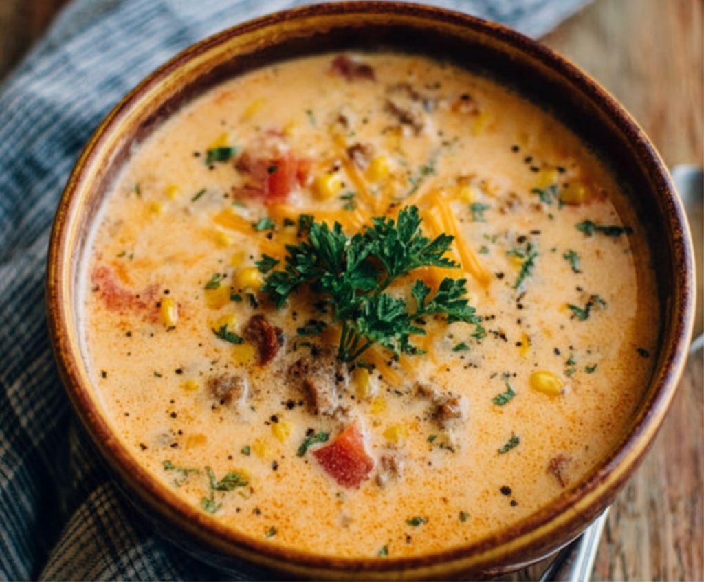 Creamy cowboy soup served in a bowl with fresh herbs and cheese, showcasing a hearty and delicious meal.