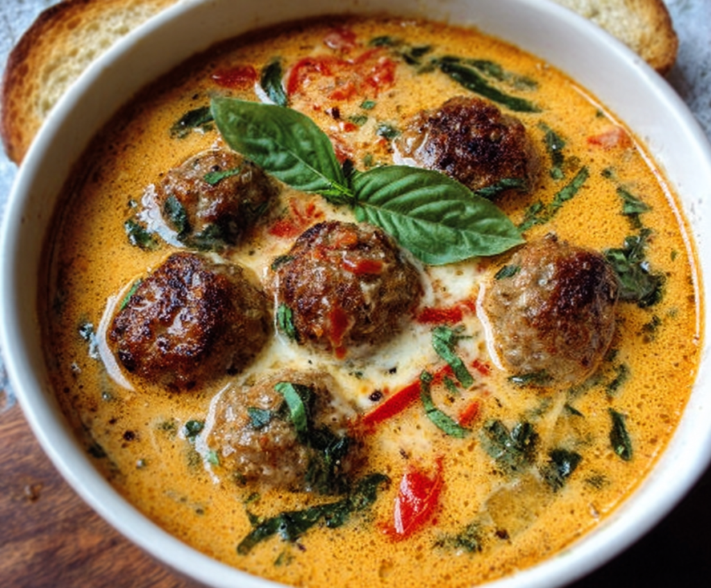 Creamy Italian Meatball Soup with rich broth, tender meatballs, and fresh herbs in a bowl.