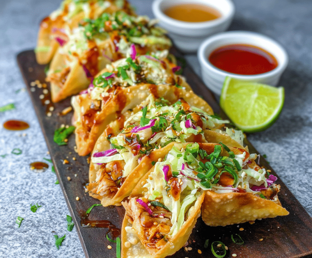 Crispy chicken wonton tacos topped with fresh vegetables and sauce on a plate.