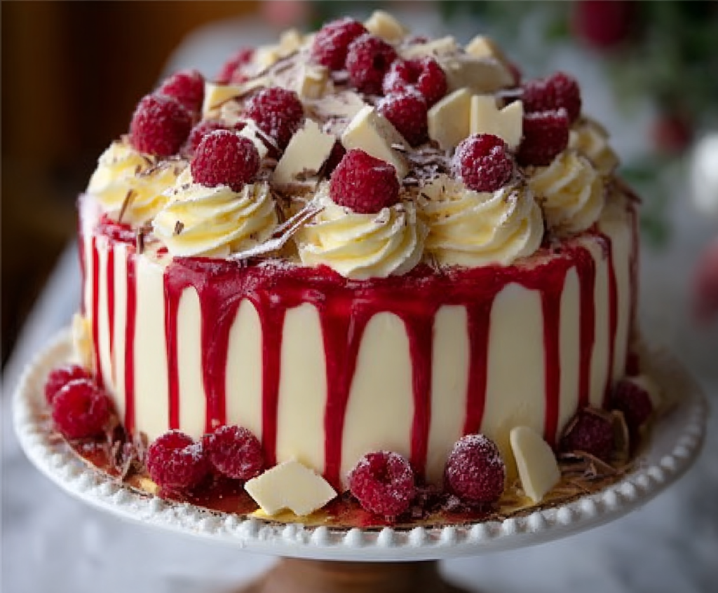 A slice of Decadent White Chocolate Raspberry Dream Cake topped with fresh raspberries and white chocolate shavings.
