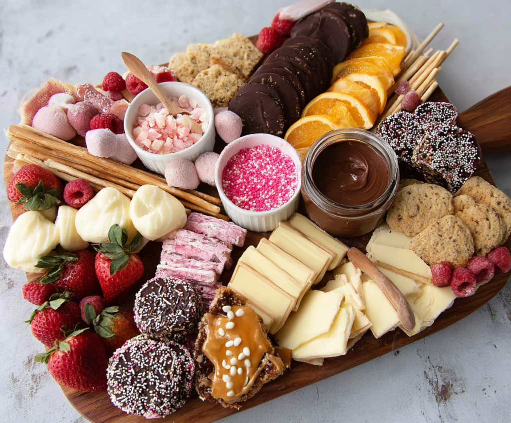 Colorful dessert charcuterie board with chocolates, fruits, and sweets perfect for a party platter.