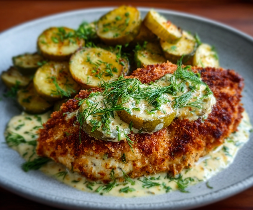 Crispy Dill Pickle Parmesan Chicken served on a plate with fresh herbs