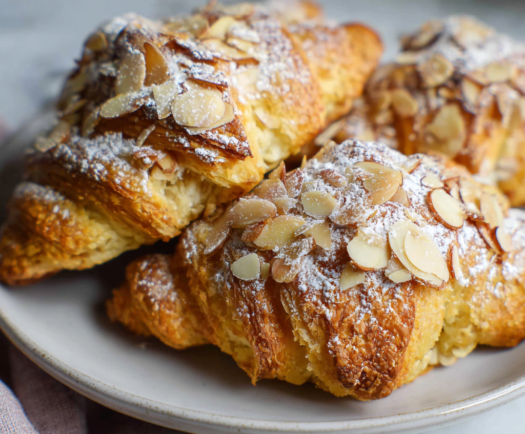 Delicious freshly baked easy almond croissants with golden flaky layers and sliced almonds on top