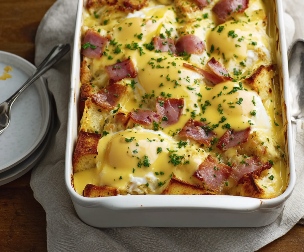 Delicious Eggs Benedict Casserole served for breakfast with poached eggs and hollandaise sauce.