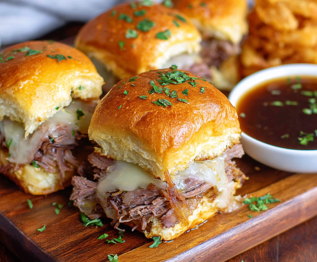 Delicious French Dip Sliders with tender roast beef and melted cheese in mini sandwich buns.