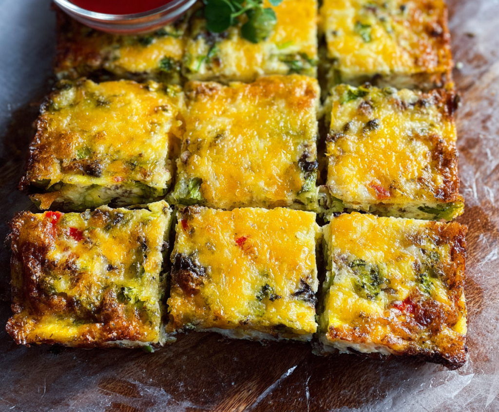 Delicious Frittata Squares with vegetables and cheese on a plate