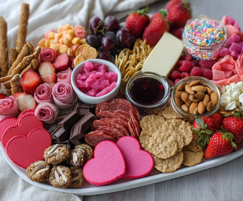 Colorful Galentine’s Day charcuterie board with cheese, meats, fruits, and crackers for celebration