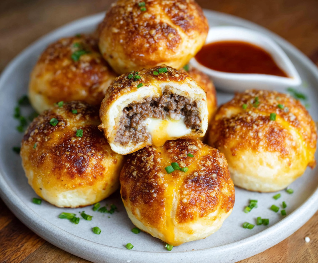 Delicious Garlic Parmesan Cheeseburger Bombs with melted cheese and crispy garlic topping.