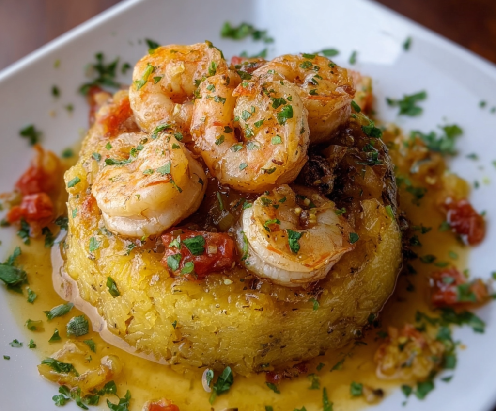 Delicious garlic shrimp served over traditional mofongo made with mashed plantains and garlic.