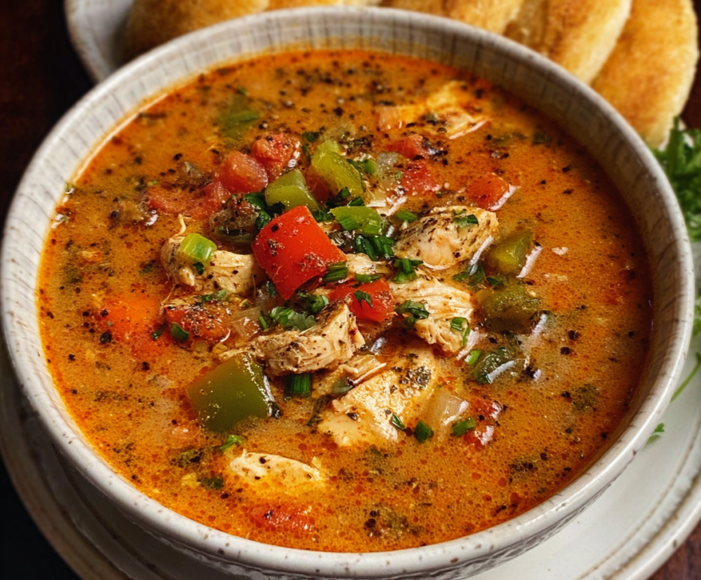 A bowl of hearty Cajun chicken soup with vegetables and spices, perfect for a comforting meal.