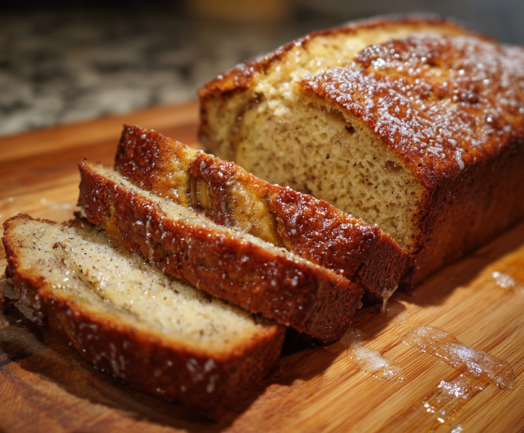 Homemade Greek Yogurt Banana Bread on a baking plate, moist and golden with sliced bananas on top