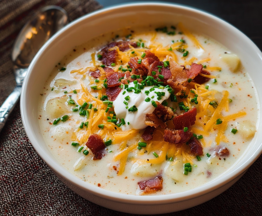 Creamy homemade loaded potato soup with cheese, bacon, and green onions served in a bowl.