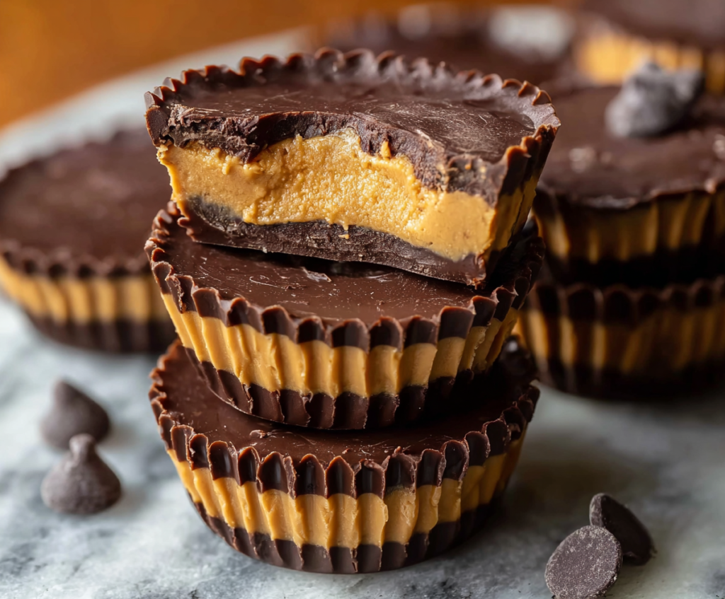 Homemade Reese's Peanut Butter Cups on a plate, showcasing a rich chocolate exterior and creamy peanut butter filling.