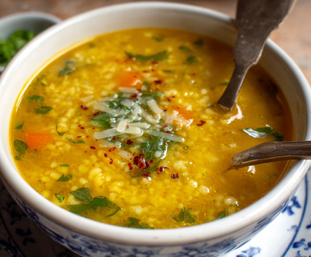 A bowl of homemade Italian Penicillin Soup with fresh herbs and crusty bread on the side.