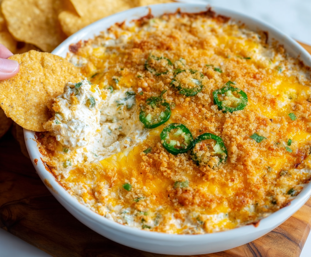 Creamy jalapeno popper dip topped with melted cheese and crispy bacon, perfect for snacking at parties.
