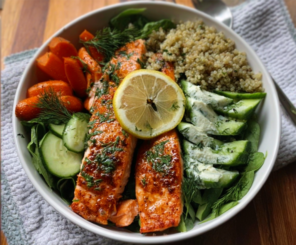 Fresh Lemon Dill Salmon Bowl with tender salmon fillet, crisp vegetables, and zesty lemon sauce.