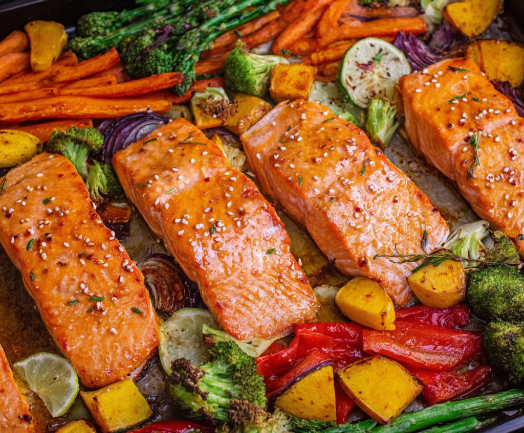 Maple glazed sheet pan salmon with fresh herbs and vegetables ready to serve.