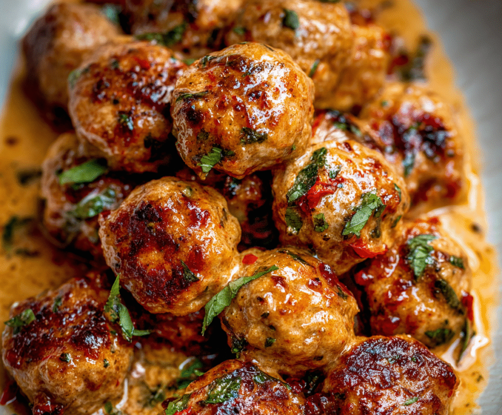 Delicious Marry Me Chicken Meatballs on a plate, garnished with herbs for a flavorful meal.
