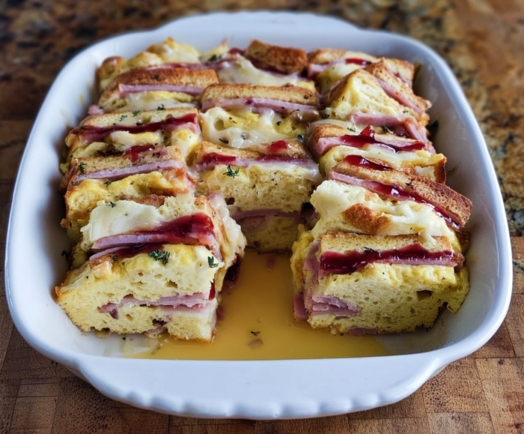 Delicious Monte Cristo Breakfast Casserole with cheesy, savory layers perfect for breakfast or brunch.