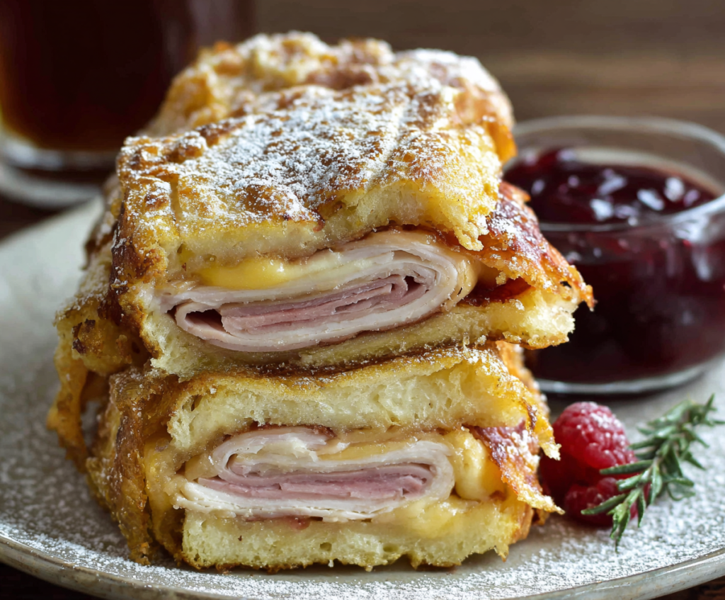 Delicious Monte Cristo Sandwich with melted cheese, ham, and turkey on toasted bread, served with a side of fresh fruit.