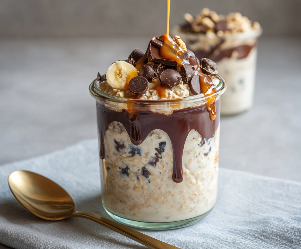 Delicious Moose Tracks Overnight Oats topped with chocolate and caramel swirls in a glass jar.