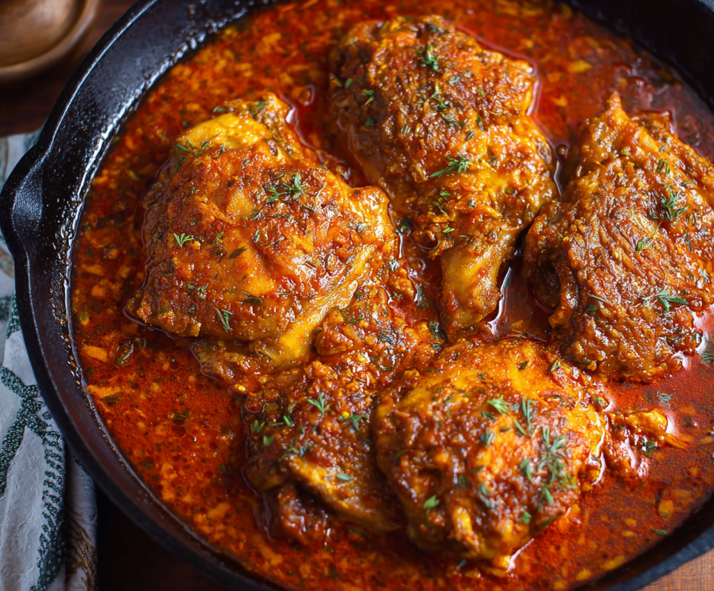 Delicious Nigerian Chicken Stew served with rice and vegetables