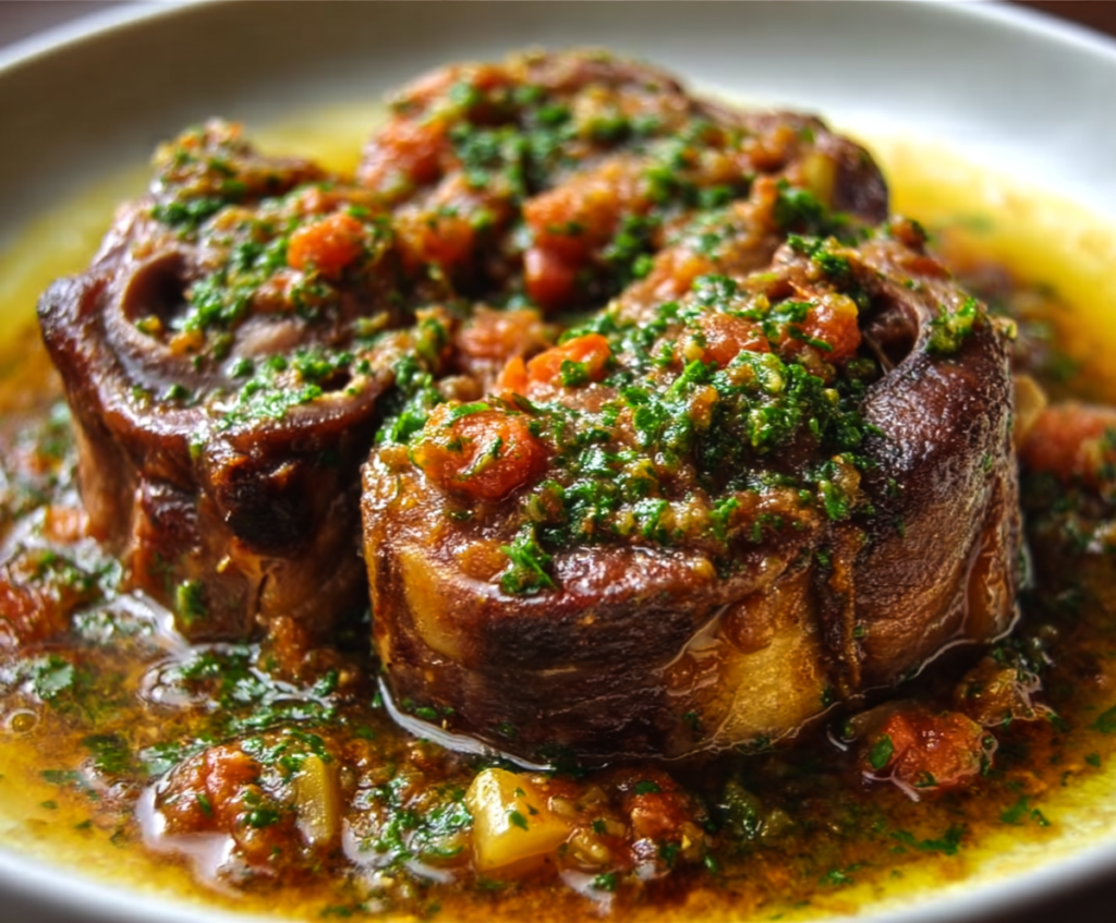 Delicious Osso Buco veal shank dish served with vibrant vegetables and rich sauce.