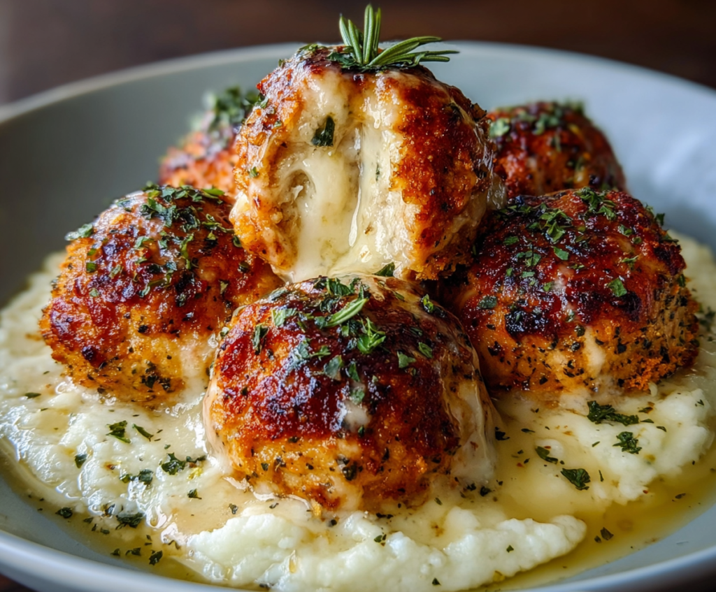 Golden Parmesan Cloud Chicken Bombs with crispy coating and melted cheese filling