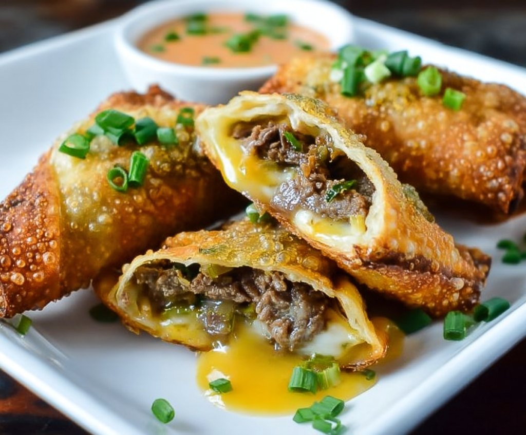 Delicious Philly Cheesesteak Egg Rolls filled with melted cheese, thinly sliced steak, and savory flavors.