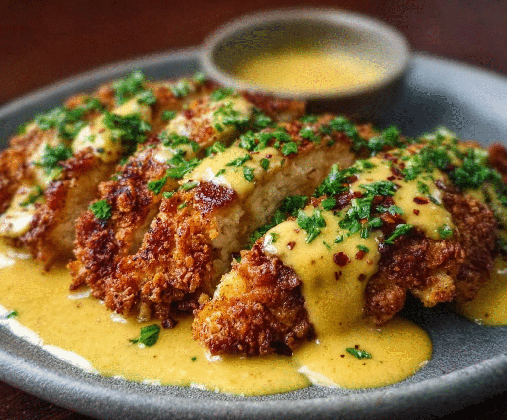 Delicious Pretzel Chicken topped with Mustard-Cheddar Sauce on a rustic wooden plate