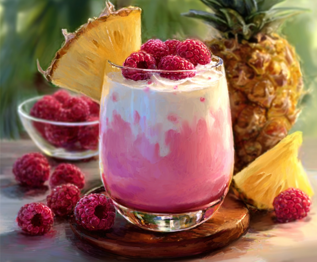 Refreshing Raspberry Piña Colada cocktail with fresh pineapple and raspberries in a tall glass.