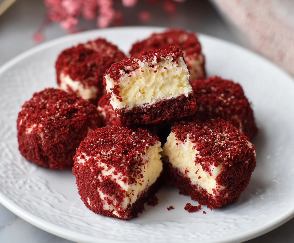 Delicious red velvet cheesecake bites garnished with cream cheese frosting and chocolate shavings, perfect for dessert lovers.