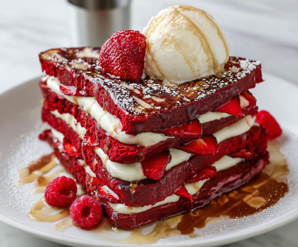 Delicious Red Velvet French Toast topped with cream cheese frosting and fresh berries for a sweet breakfast treat.