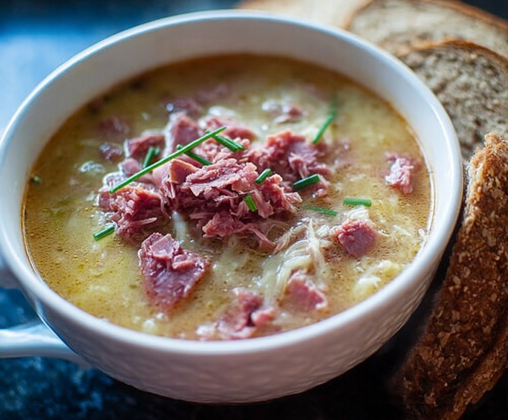 Hearty Reuben Soup with corned beef, sauerkraut, and Swiss cheese in a bowl, perfect for comfort food lovers.