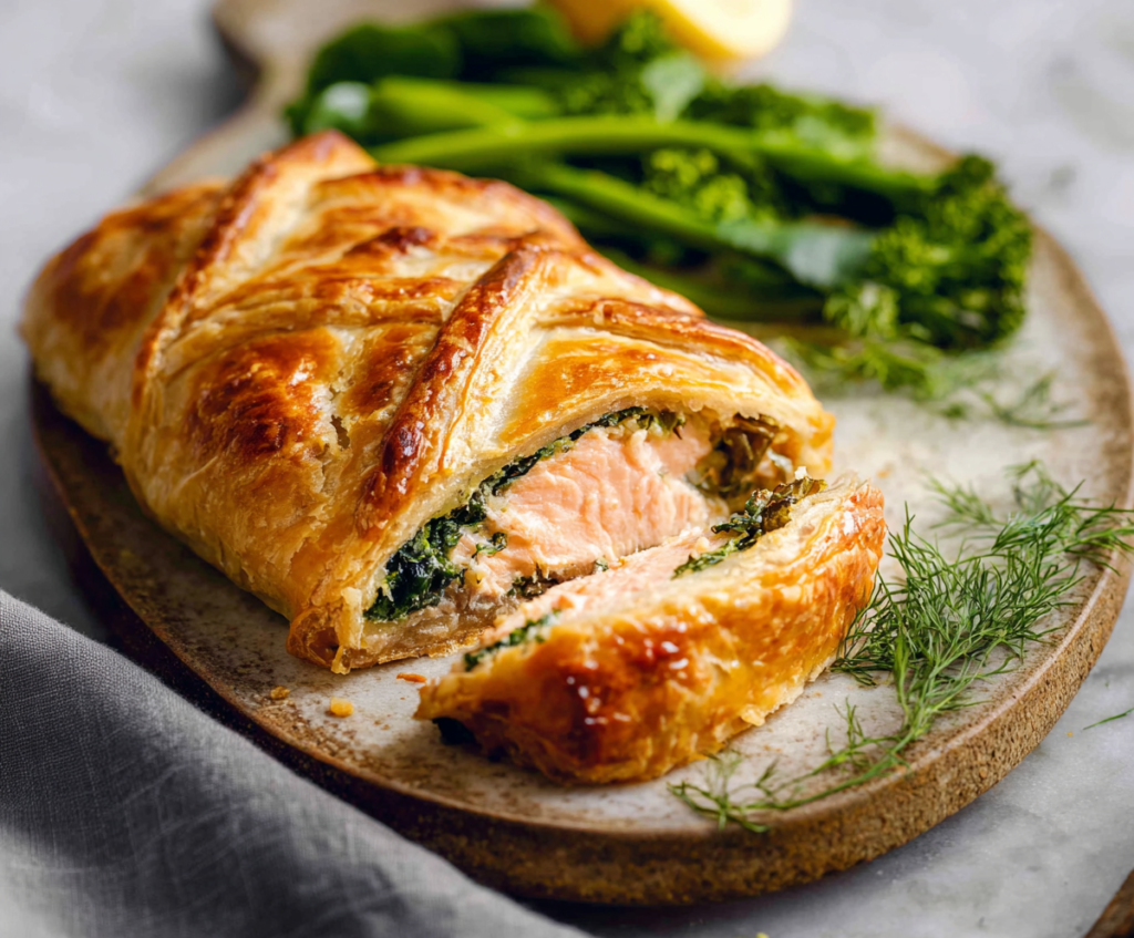 Delicious homemade Salmon Wellington with flaky pastry and tender salmon fillet ready to serve.