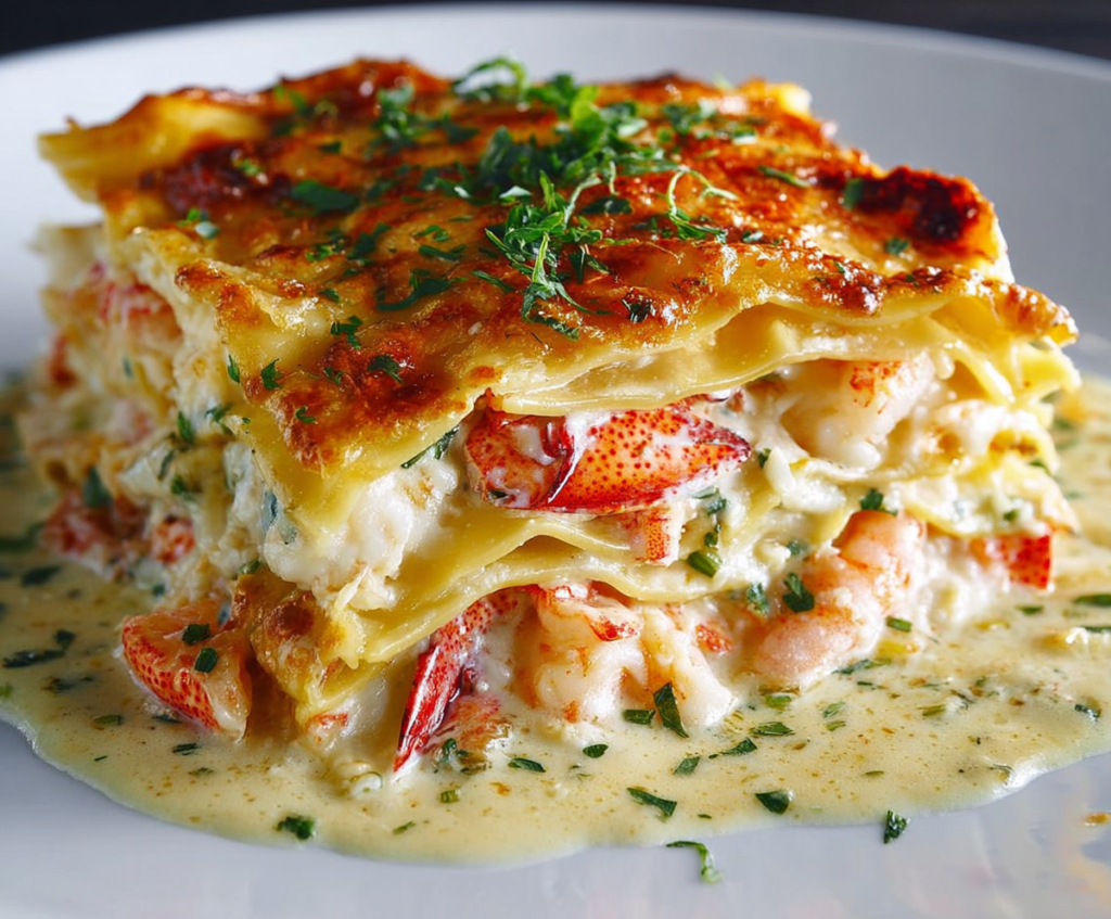 Delicious seafood lasagna with lobster and shrimp layered with cheese and herbs.