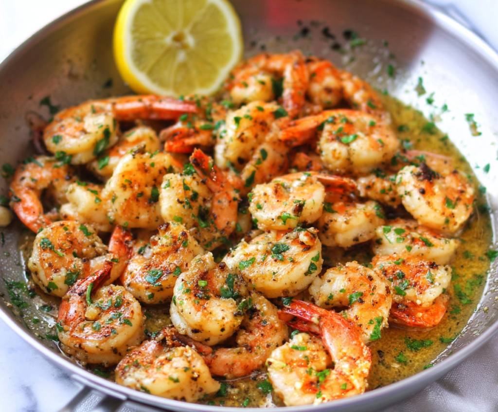 Delicious shrimp scampi with garlic butter served on a plate, garnished with fresh parsley.