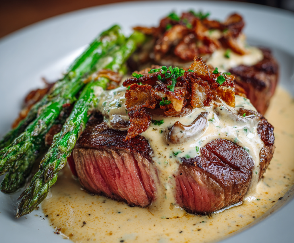 Delicious Steak Oscar topped with fresh asparagus, crab meat, and hollandaise sauce on a white plate.