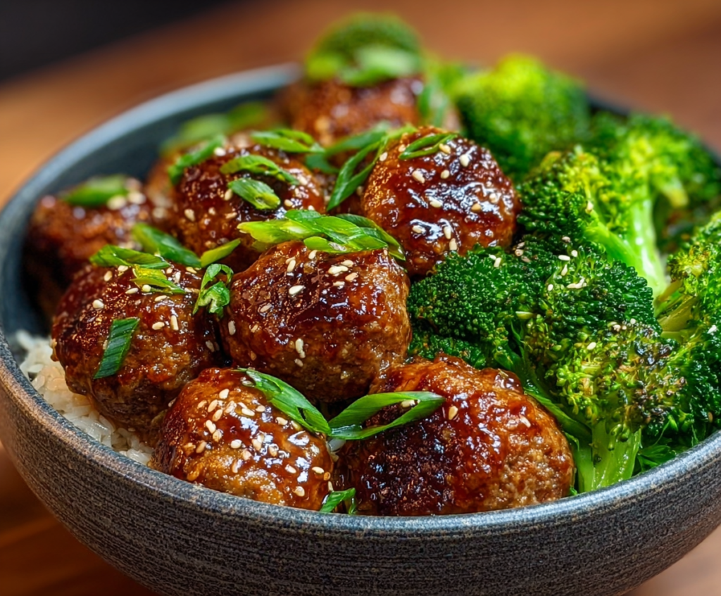 Delicious sticky Mongolian meatballs served with fresh broccoli on a plate