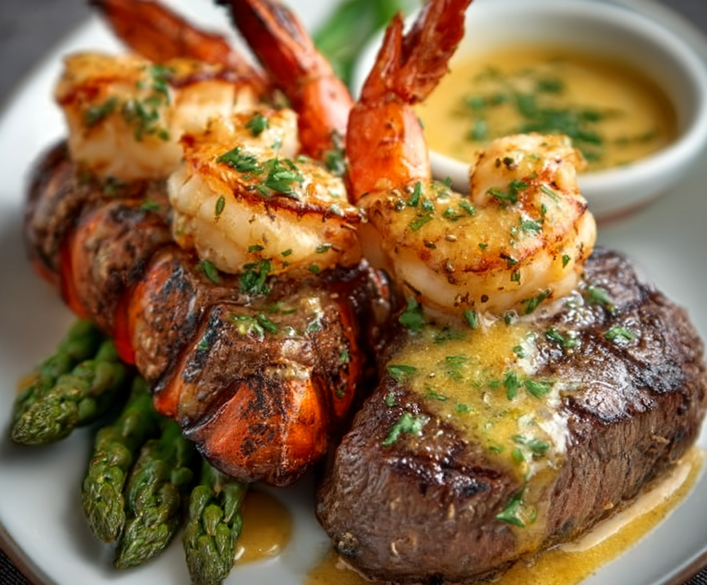 Delicious Surf and Turf recipe featuring juicy steak and succulent seafood on a plate.