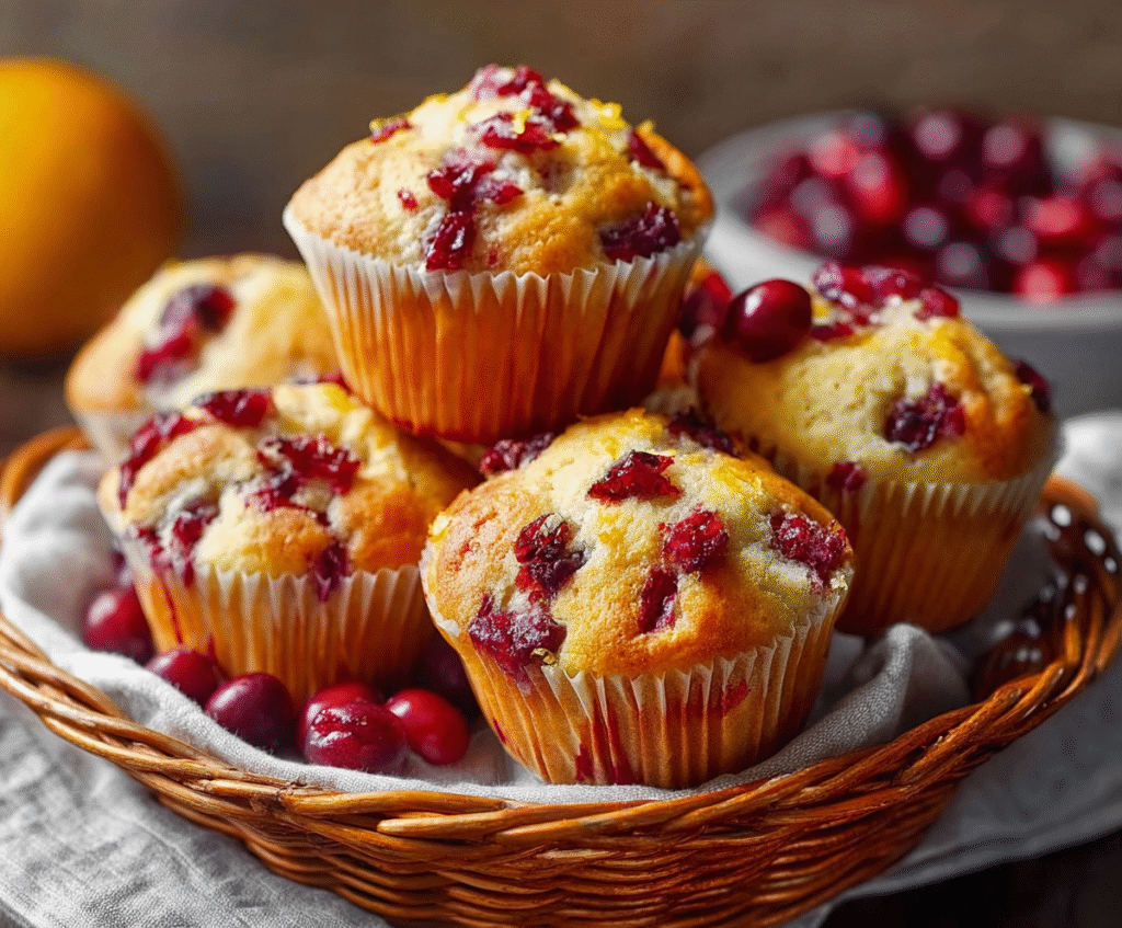 Freshly baked orange cranberry muffins on a plate, vibrant and enticing for breakfast or snack.