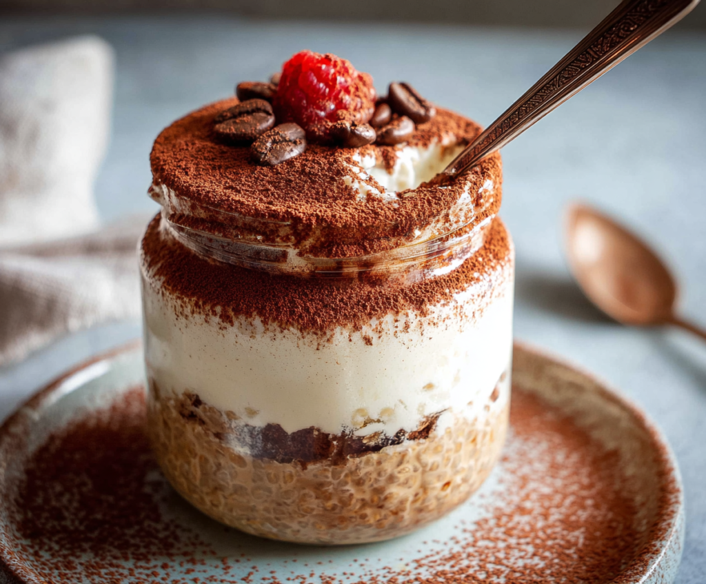 Creamy Tiramisu Overnight Oats in a glass jar topped with cocoa powder and coffee beans
