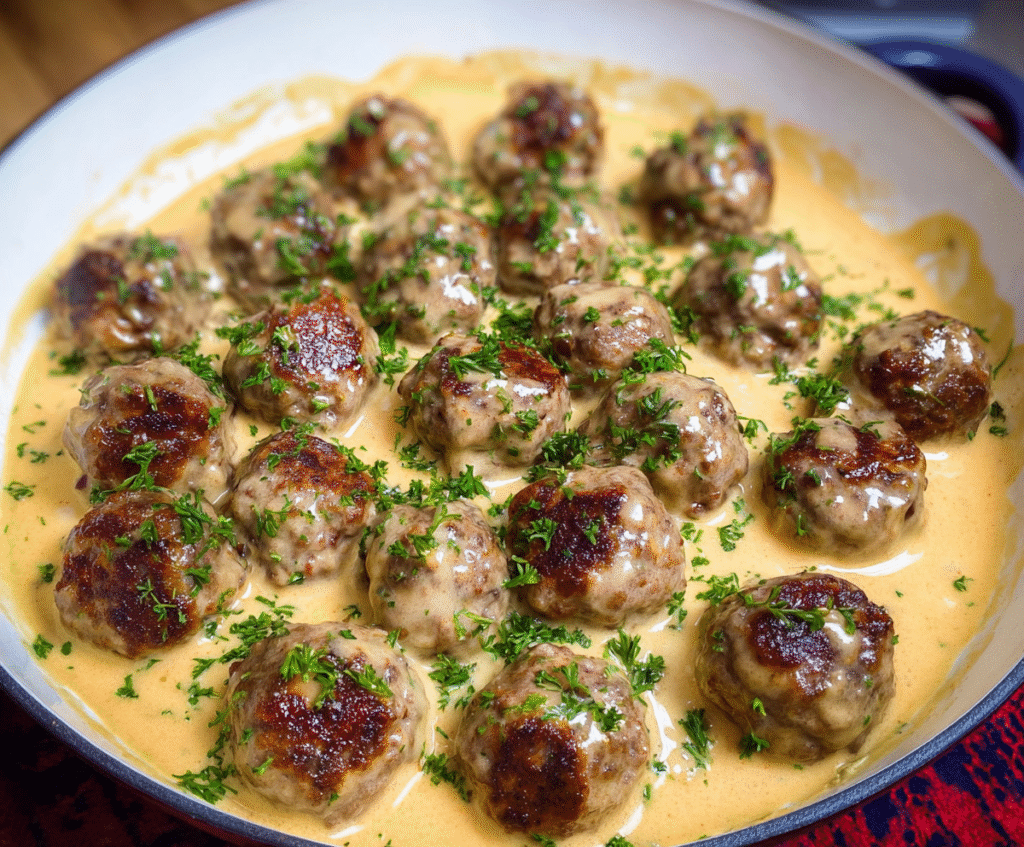 Delicious traditional Swedish meatballs served with creamy mashed potatoes and lingonberry sauce.