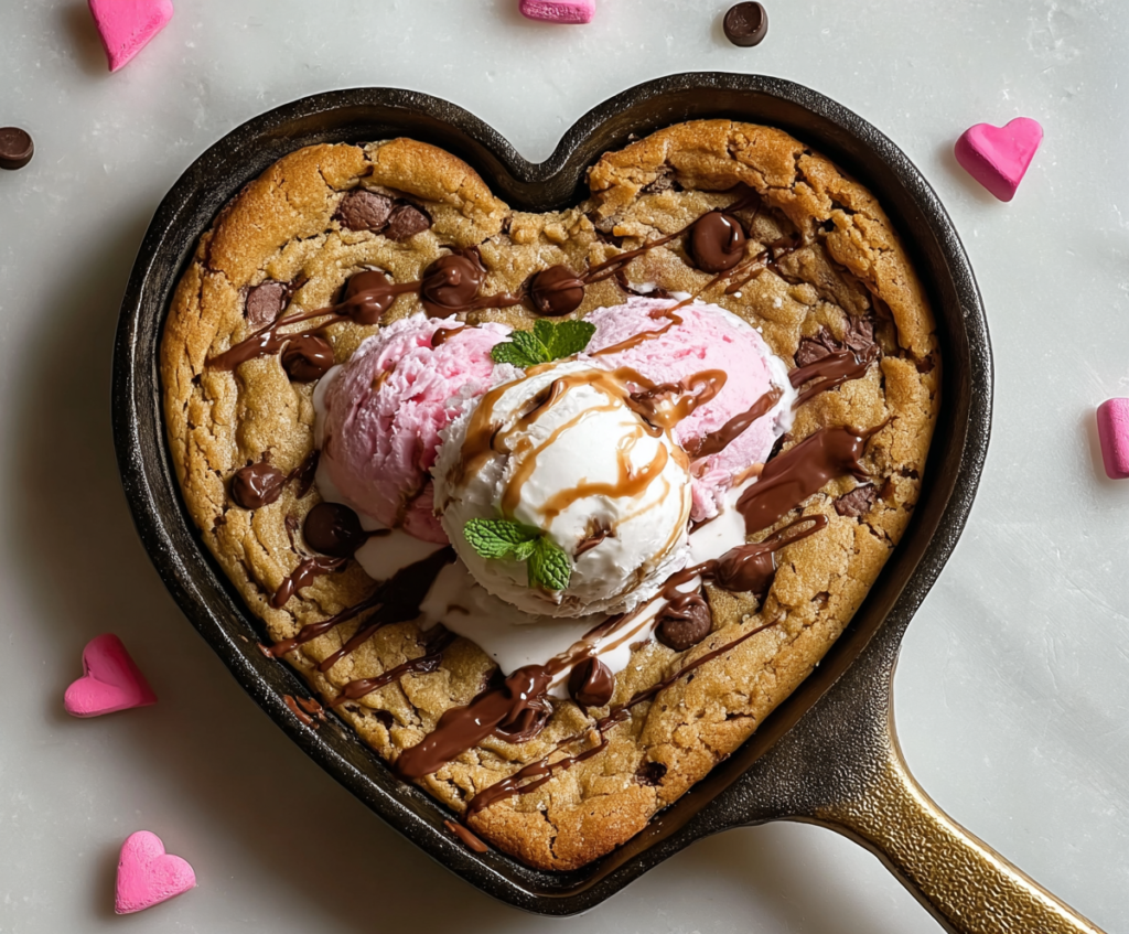 Delicious Valentine’s Day Heart Skillet Cookie with melted chocolate and strawberries.