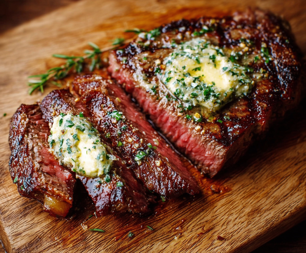 Juicy Wagyu steak topped with melted garlic butter served on a wooden cutting board.