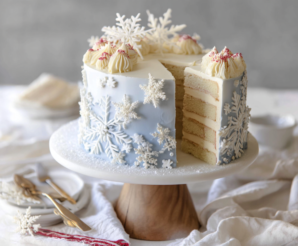 Winter Vanilla Snowflake Cake decorated with snowflake shapes and powdered sugar for a festive holiday dessert